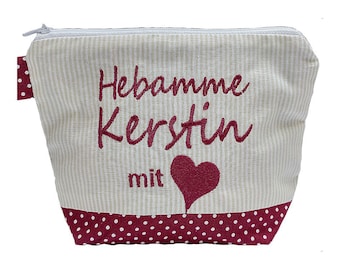 bestickte Tasche HEBAMME mit HERZ + NAME //bordeaux - natur// Kosmetikasche Schminktasche Kulturtasche Reisetasche Makeup-Bag 20 Schriften