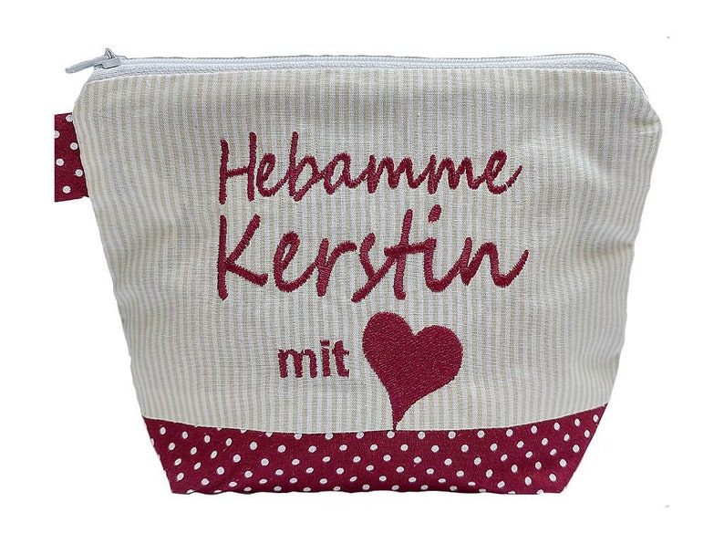 bestickte Tasche HEBAMME mit HERZ NAME //bordeaux natur// Kosmetikasche Schminktasche Kulturtasche Reisetasche Makeup-Bag 20 Schriften Bild 1