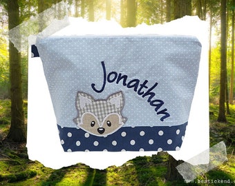 embroidered bag FUCHS + name //light blue - navy// diaper bag toiletry bag diaper bag toiletry bag wash bag 20 fonts