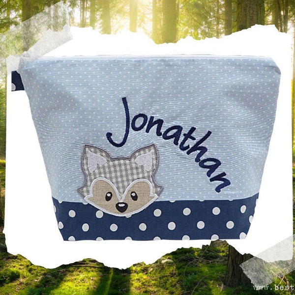 embroidered bag FUCHS + name //light blue - navy// diaper bag toiletry bag diaper bag toiletry bag wash bag 20 fonts