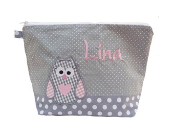 Sac brodé EULE + Nom Sac à couche gris Trousse de toilette Trousse de couche Trousse de toilette Trousse de toilette Sac de lavage 20 Polices Cadeau