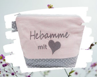 embroidered bag MIDWIFE with HEART // gray - pink // cosmetic bag wash bag make-up bag makeup bag statement compliment gift (41)