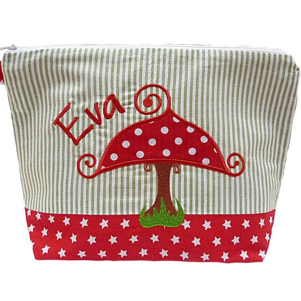 embroidered bag LUCKY MUSHROOM + Name //red - green// Diaper bag Toiletry bag Diaper bag Toiletry bag Wash bag 20 fonts