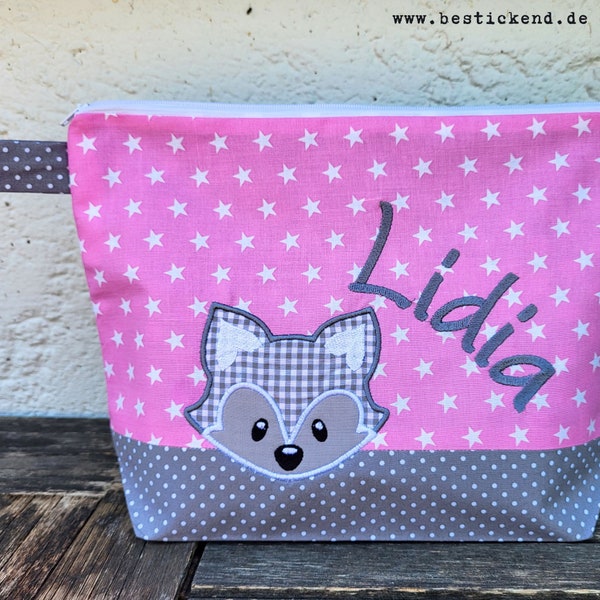 embroidered bag FUCHS + name //gray - pink// diaper bag toiletry bag diaper bag toiletry bag wash bag 20 fonts cosmetic bag