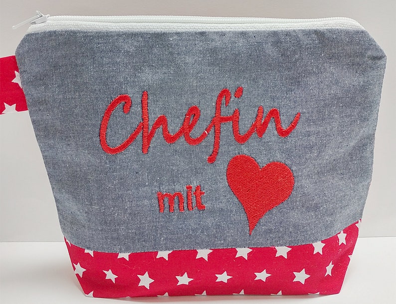 Kompliment Kulturtasche - Schminktasche - Tasche - Makeup-BAG - Bag - Statement 46 bestickte Kosmetiktasche CHEFIN mit HERZ Geschenk