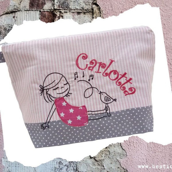 embroidered bag "GIRL with BIRD" + name //pink - gray// diaper bag toiletry bag diaper bag toiletry bag wash bag 20 fonts