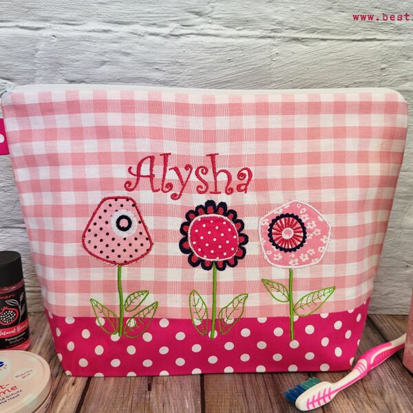 embroidered bag FLOWER MEADOW + name //pink - pink// diaper bag toiletry bag nappy bag toiletry bag wash bag cosmetic bag