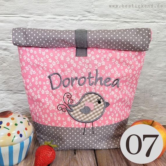 Embroidered Lunch Bag BIRD Name //pink Grey// Lunch Box Picnic