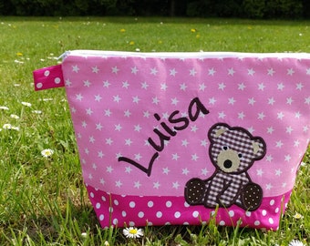 geborduurde tas BEER + naam /roze - roze/ luiertas toilettas luiertas toilettas waszak 20 lettertypen make-uptasje