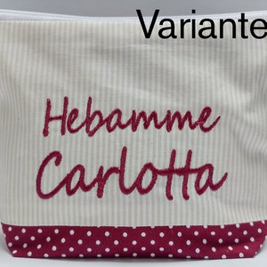 bestickte Tasche HEBAMME mit HERZ NAME //bordeaux natur// Kosmetikasche Schminktasche Kulturtasche Reisetasche Makeup-Bag 20 Schriften Bild 5