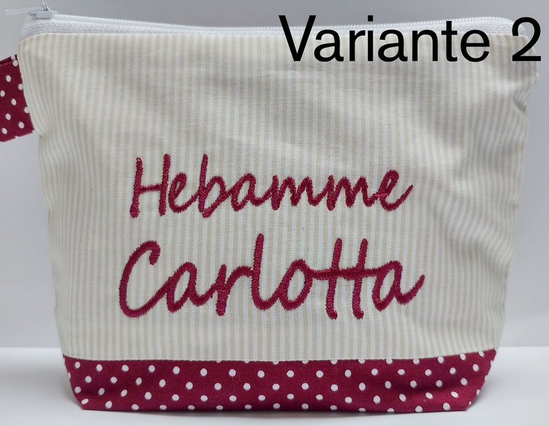 bestickte Tasche HEBAMME mit HERZ NAME //bordeaux natur// Kosmetikasche Schminktasche Kulturtasche Reisetasche Makeup-Bag 20 Schriften Bild 5