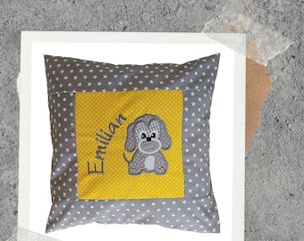 embroidered pillow DOG + NAME //grey - yellow// 40x40 pillowcase gift cuddly pillow cuddle pillow name pillow (96)