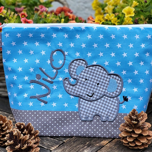 embroidered bag ELEPHANT + name // light blue - gray // diaper bag toilet bag diaper bag toilet bag wash bag 20 fonts gift