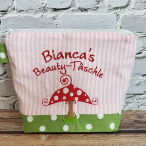 bestickte Tasche GLÜCKSPILZ + WUNSCHTEXT //rot - bunt// Kosmetikasche Schminktasche Kulturtasche  Makeup-Bag 20 Schriften Geschenk