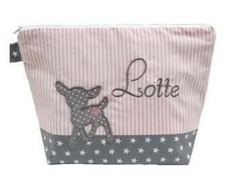 geborduurde tas REH + naam roze - grijs luiertas toilettas luiertas toilettas waszak 20 fonts cadeau