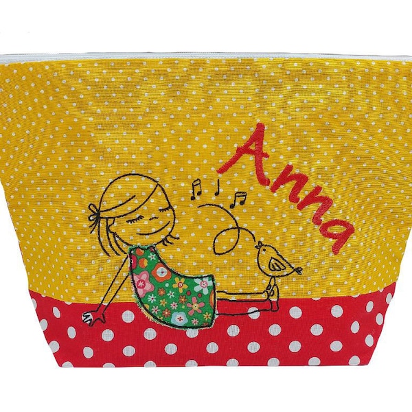 embroidered bag GIRL with BIRD + Name //red - yellow// Diaper bag Toiletry bag Diaper bag Toiletry bag Wash bag 20 fonts