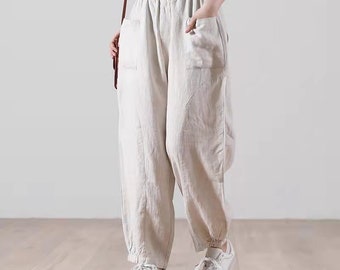 Women Elastic Waist Linen Pants, Available in 3 Sizes, Carrot Pants, Wide Leg Pants, Casual Pants, Plus Size Pants, Comfy Pants