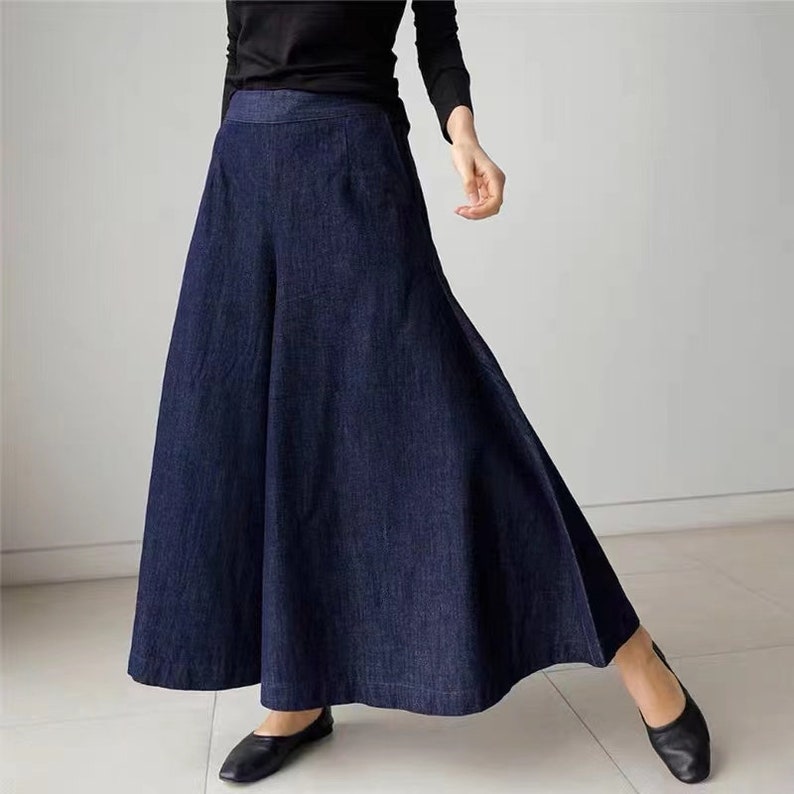 Womens dark blue flared pants, boho hippie DENIM trousers, women wide leg pants, elastic waist pants, loose denim harem pants, vintage pants zdjęcie 5