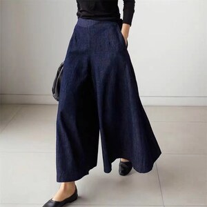 Womens dark blue flared pants, boho hippie DENIM trousers, women wide leg pants, elastic waist pants, loose denim harem pants, vintage pants zdjęcie 2