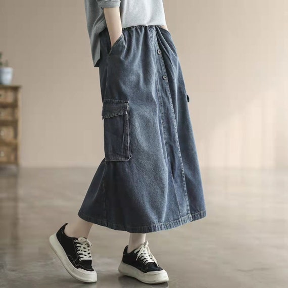 Plus size long denim skirts vintage cheap