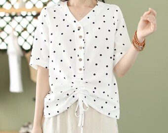 Cotton summer v-neck shirts, new design polka dot shirts, women's half-sleeve tops.