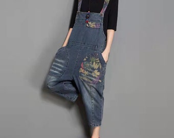 Women Baggy Denim Overalls Jumpsuits, Vintage Comfortable Summer Overalls, Wide Leg Pants Women Bib Pants, Handmade Overalls