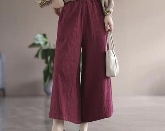 Women Elastic Waist Cotton Pants, Soft Casual Loose Large Size Boho Trousers, Wide Leg Casual Pants, Available In 3 Colors