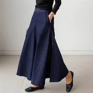 Womens dark blue flared pants, boho hippie DENIM trousers, women wide leg pants, elastic waist pants, loose denim harem pants, vintage pants zdjęcie 3