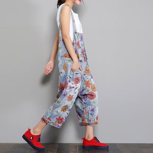 Womens Floral Washed Jeans Jumpsuits,Vintage Loose Fitting Overalls With Pockets,Distressed Jumpsuit,Loose Fitting Overalls,Cotton Jumpsuits