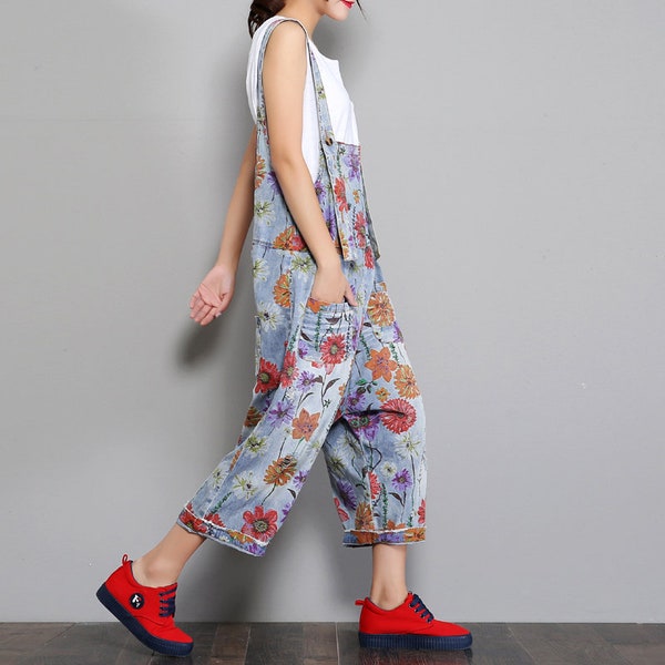 Femmes Floral Washed Jeans Jumpsuits, vintage Loose Fitting Salopettes Avec Poches, Combinaison en détresse, Salopettes amples, Combinaisons en coton