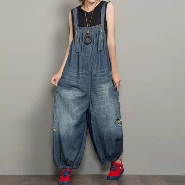 Damen Vintage Denim Overalls, Overalls mit weitem Bein, Baumwolloveralls in Übergröße, hellblauer Overall mit Tasche