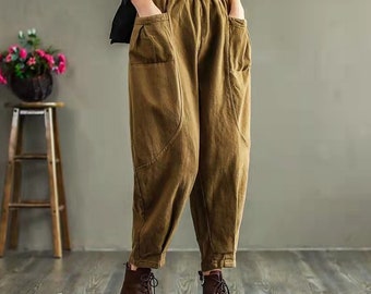 Women Retro Pants Gift For Her Casual Pants Solid Color Pants Loose Harem Pants Cotton Pants Splicing Pockets Pants Simple Pants