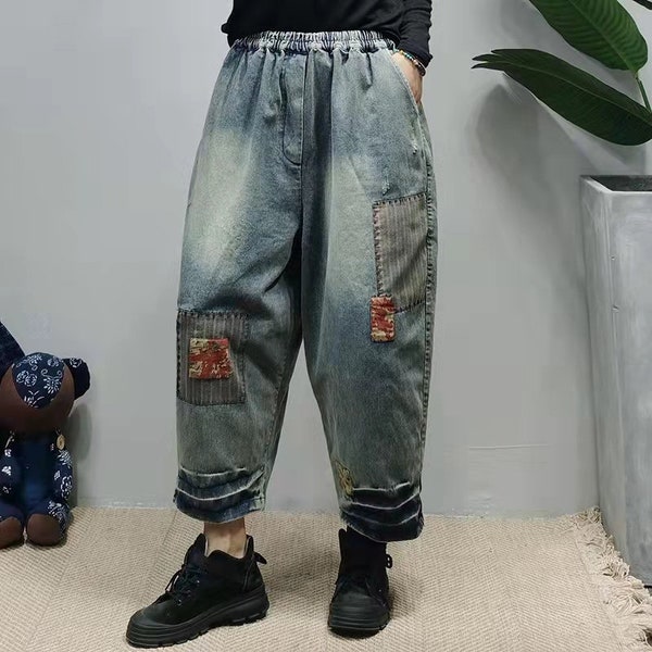 Jeans en détresse avec poches latérales Patchwork Jeans lavés Jeans vintage Jeans 80s Jeans Slacks Harem Pantalons Large Leg Pants