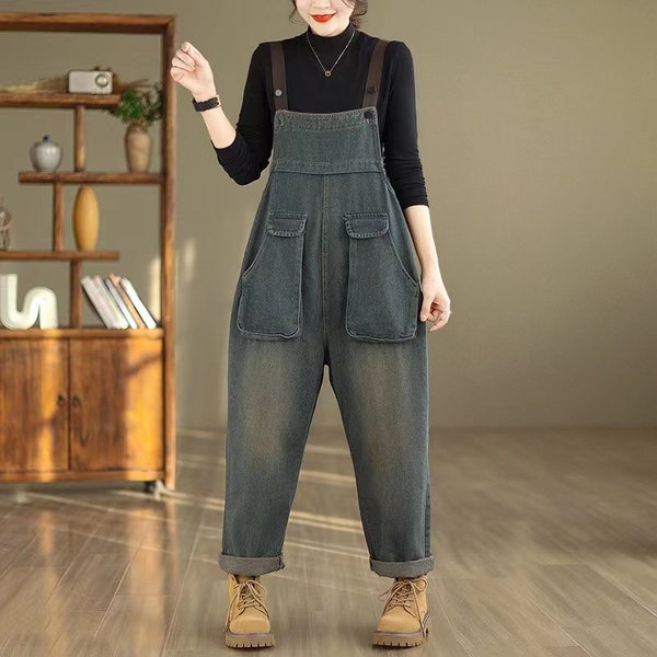 Vintage denim overalls for women, blue denim casual pants, loose plus size work clothes, boyfriend jeans.
