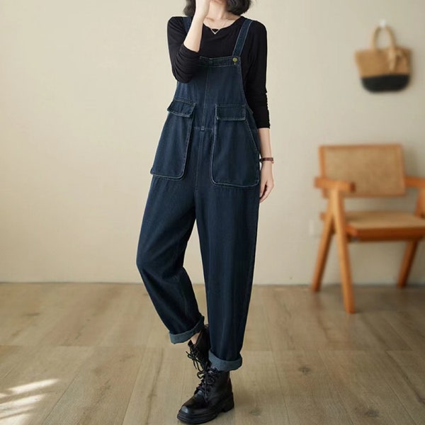 Vintage double pocket denim overalls, distressed denim work pants