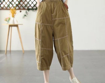 Women's Cotton Topstitched Pants, Side Pocket Thin Slacks, Summer Cropped Pants, Casual Pants