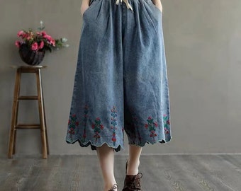 Mesdames été vintage taille haute brodé fleur Denim pantalon surdimensionné pantalon jambe large pantalon