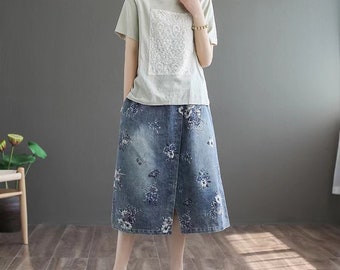 Summer blue printed denim skirt, retro mid-length skirt, loose A-line skirt, handmade from high-quality denim!