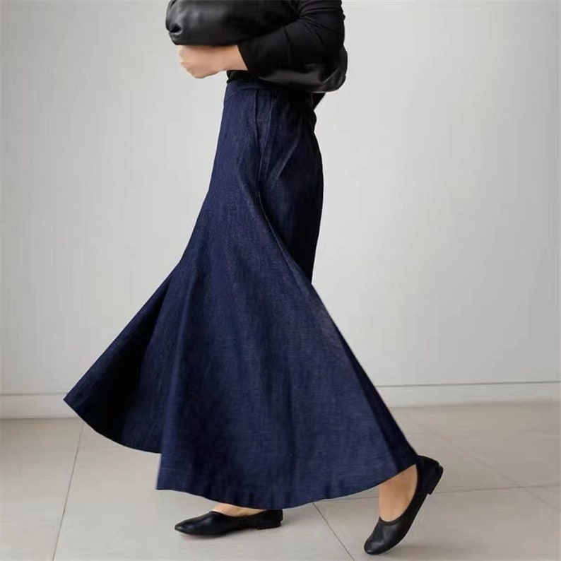 Womens dark blue flared pants, boho hippie DENIM trousers, women wide leg pants, elastic waist pants, loose denim harem pants, vintage pants zdjęcie 4