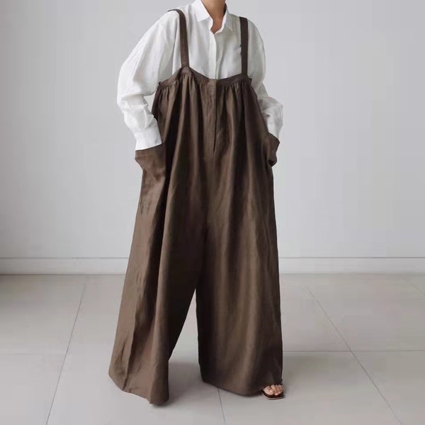 Combinaison en lin sur mesure pour femmes, salopette en lin décontractée vintage, pantalon à jambes larges avec poches latérales, bavoirs surdimensionnés