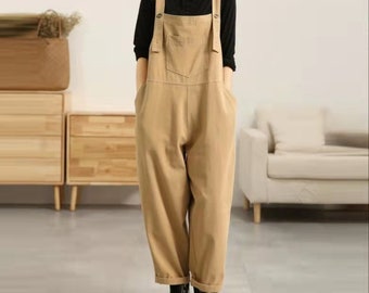 Custom Casual Overalls Loose Cotton Jumpsuit Khaki Cargo Pants Wide Leg Pants Handmade Pants Summer Overalls with Pockets