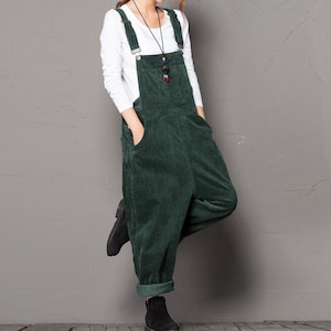 Vintage Comfortable Green Corduroy Overalls, Adjustable Corduroy Jumpsuit, Wide Leg Pants Women Bib Pants, Loose Bib Pants, Best Gift