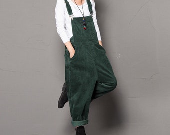 Vintage Comfortable Green Corduroy Overalls, Adjustable Corduroy Jumpsuit, Wide Leg Pants Women Bib Pants, Loose Bib Pants, Best Gift
