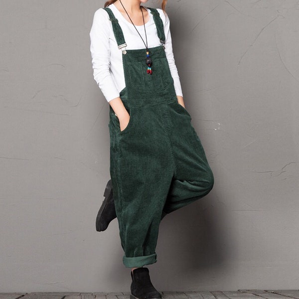 Vintage Comfortabele groene corduroy overalls, verstelbare Corduroy Jumpsuit, Wide Leg Pants Vrouwen Bib Pants, Loose Bib Pants, Beste Cadeau