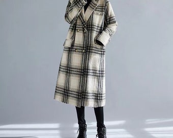 Black and white checked double-sided cashmere coat, extra long coat for women, over-the-knee coat, Christmas gift, gift for her