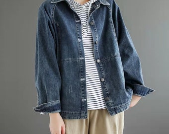 Women Vintage Denim Jacket, Loose Casual Jacket, Plus Size Denim Jacket, Bomber Jacket, 80s Jacket