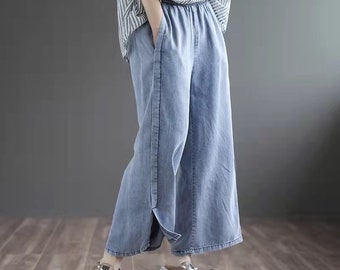 Women Elastic Waist Denim Pants Soft Casual Loose Boho Trousers Elegant High Waisted Denim Pants Wide Leg Pants Customized Plus Size Pants