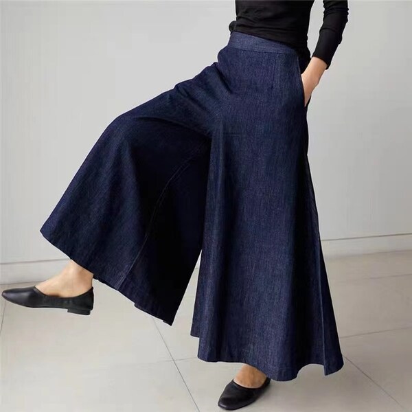 Womens dark blue flared pants, boho hippie DENIM trousers, women wide leg pants, elastic waist pants, loose denim harem pants, vintage pants