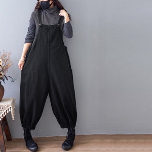 Women Black Bloomers Jumpsuits, Vintage Harem Overalls, Wide Leg Overalls, Leisure Denim Overalls, Vintage Bib Pants, Adjustable Jumpsuits