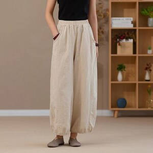 Women Elastic Waist Linen Lounge Pants, Summer Linen Pants with Pockets, Wide Leg Pants, High Waist Linen Pants, Linen Loungewear